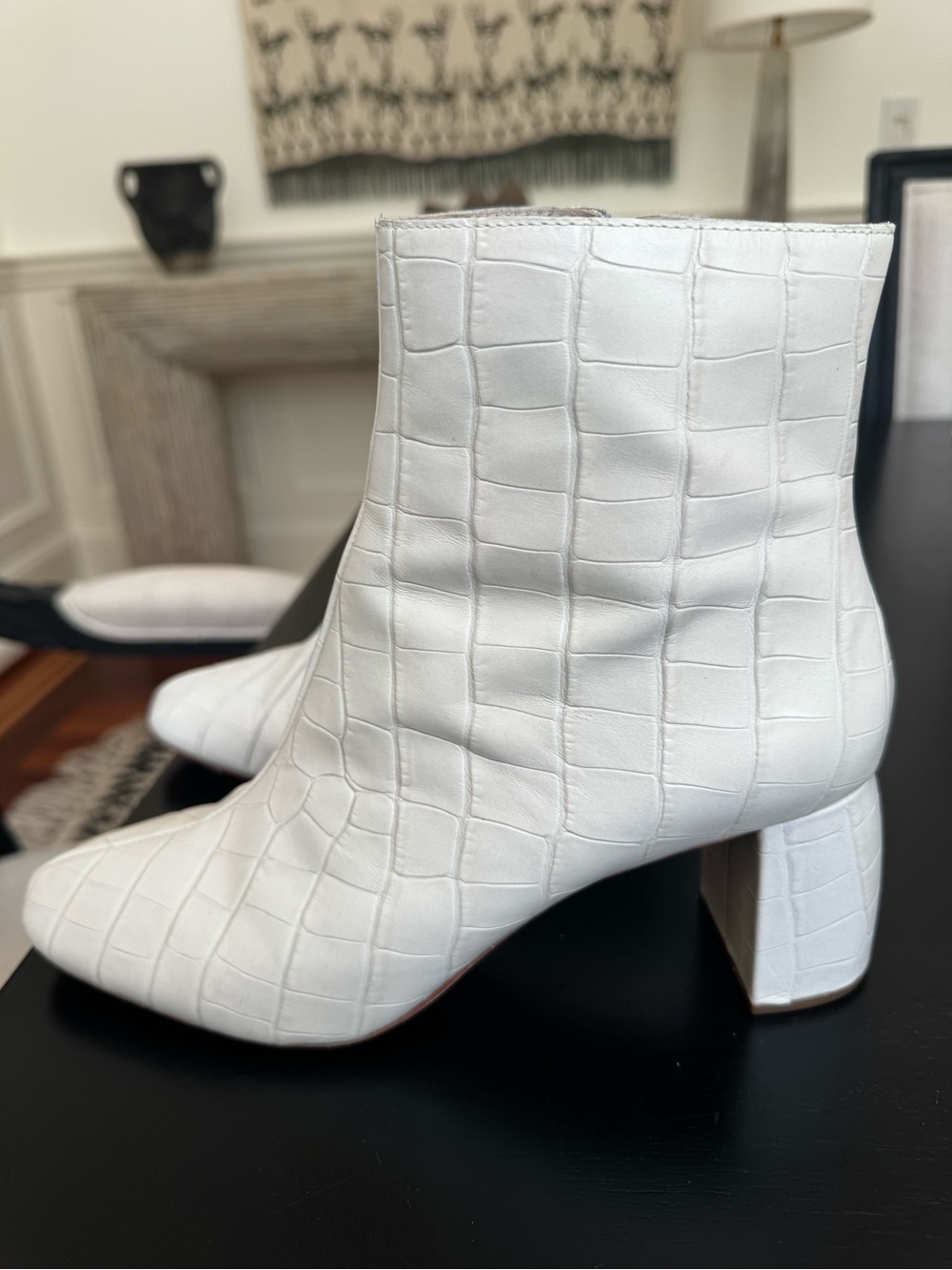 Loeffler Randall White Croc-Embossed Leather Block Heel Ankle Boots